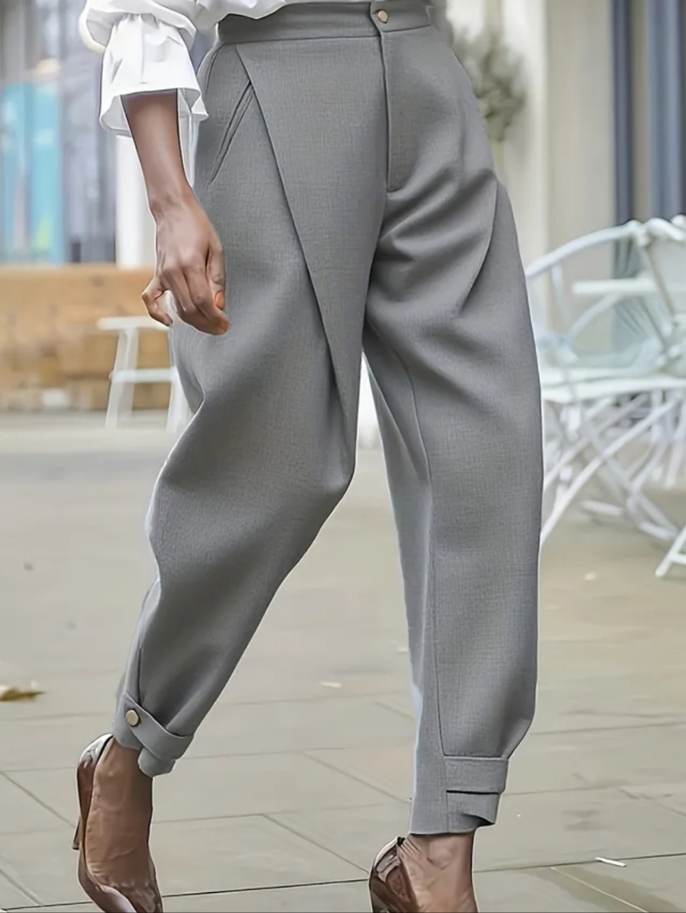 High-Waist Pleated Gray Women's Trousers